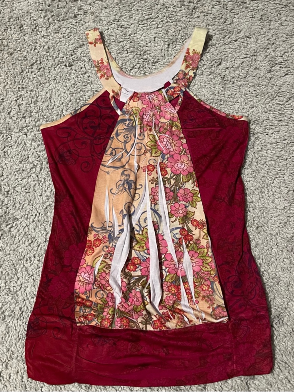 Vintage Daytrip Burgundy Floral Multi-Panel Halter Y2K Tank